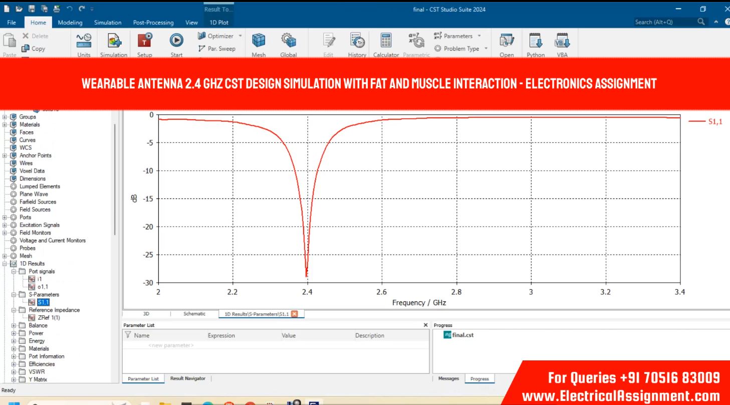 Wearable antenna 2.4 GHz CST design simulation with fat and muscle interaction - Electronics Assignment screenshot 2